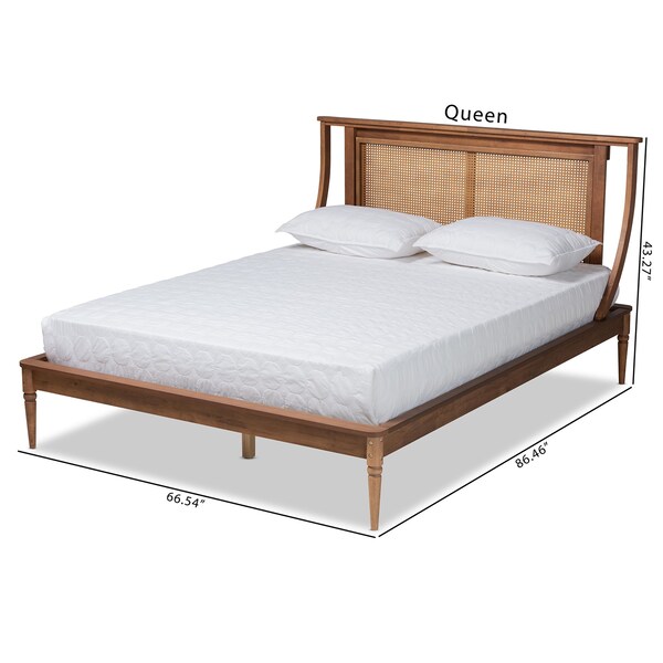 Jamila Modern Transitional Walnut Brown Finished Wood And Synthetic Rattan Platform Bed-Full